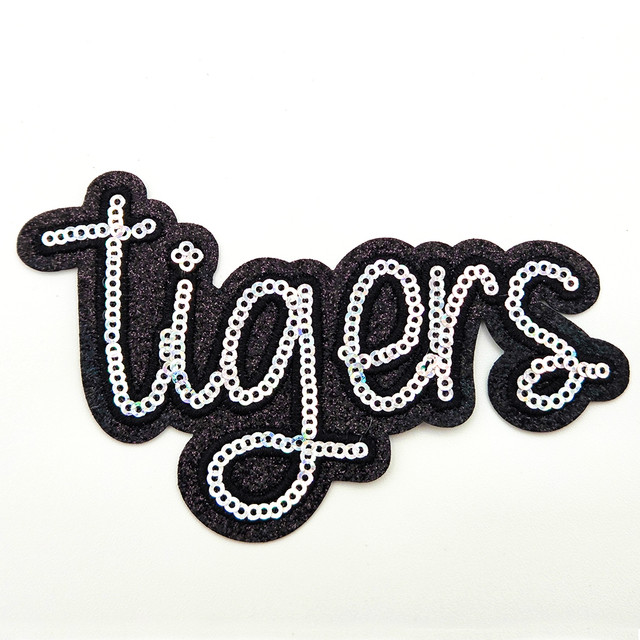 Tigers Silver Sequin HAT/POCKET Patch, decorative patch with the word 'tigers' in black fabric accented with silver sequins.