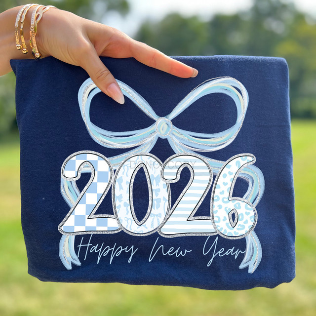 Patterned Happy New Year 2026 Bow DTF Heat Transfer, blue gift bag with New Year 2026 design and bow pattern for celebrations.