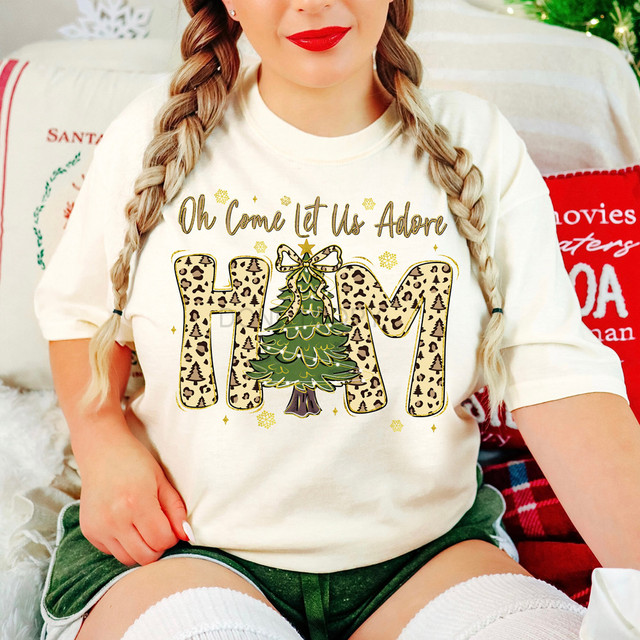 Leopard Oh Come Let Us Adore Him DTF Heat Transfer, Christmas themed sweatshirt with leopard print lettering and a Christmas tree design.