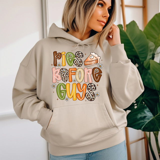 Pies Before Guys Pattern DTF Heat Transfer, designed for apparel decoration with colorful, playful text and pie illustration.