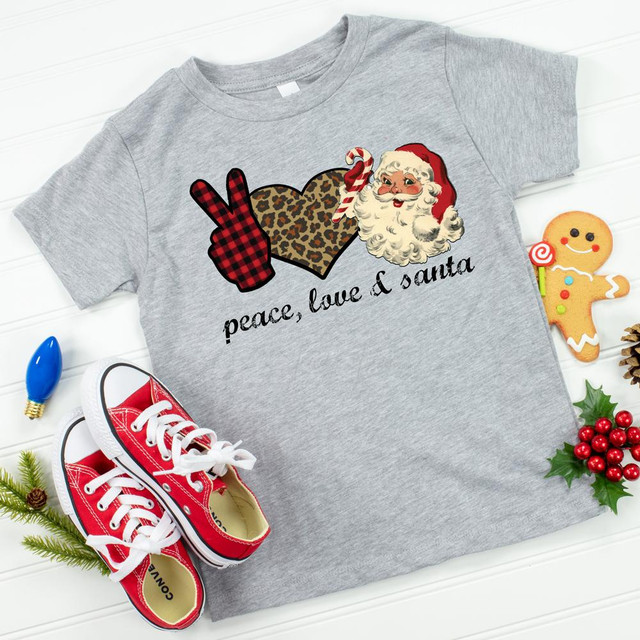 Peace Love Santa Youth Screen Print Heat Transfer T-shirt, gray youth t-shirt with holiday-themed graphic featuring a peace sign, leopard print heart, and Santa Claus with festive message.