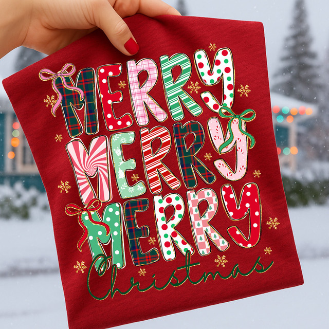 Merry Christmas Stacked Pattern DTF Heat Transfer, festive Christmas-themed textile with colorful patterned letters and snowflake designs.