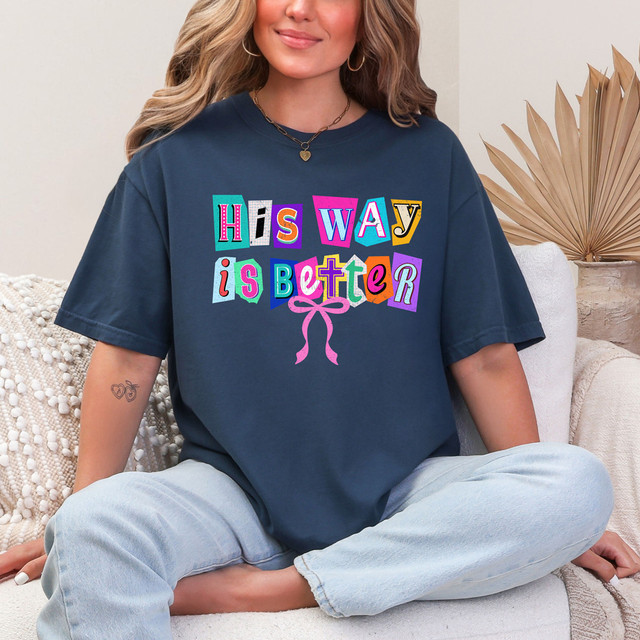 Retro Distressed Coquette His Way Is Better DTF Heat Transfer, colorful graphic T-shirt on woman sitting on sofa.