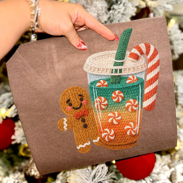 Faux Yarn Gingerbread Candy Cane Coffee DTF Heat Transfer, a festive embroidered design featuring a gingerbread man and a peppermint candy cane on a coffee cup with a straw.