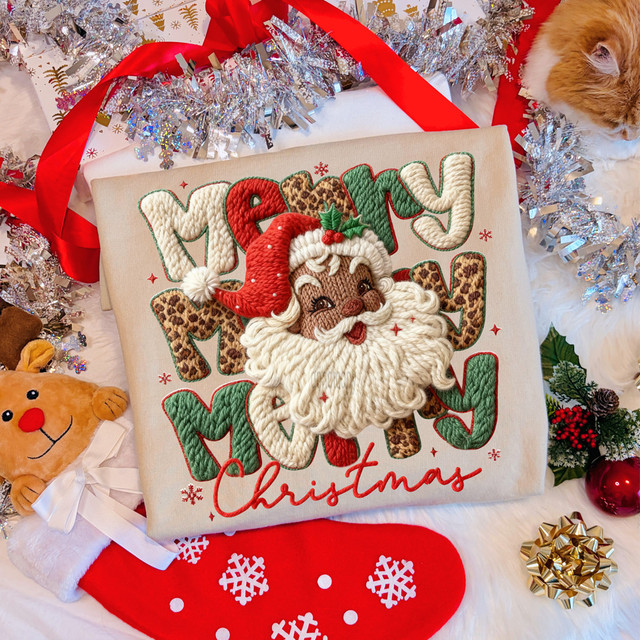 Leopard Merry Christmas Santa Dark Skin DTF Heat Transfer, embroidered Christmas design with Santa Claus wearing a red hat and a white beard, surrounded by holiday decorations