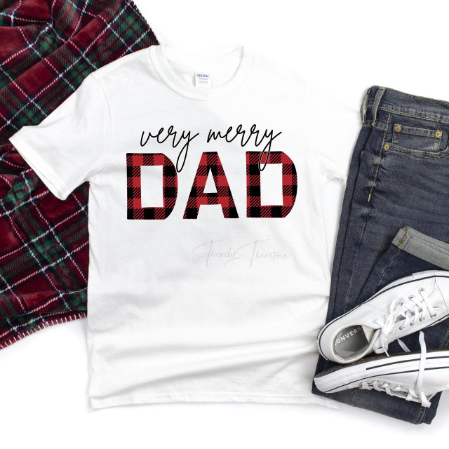 Very Merry Dad Buffalo Plaid Sublimation Transfer, a Christmas-themed t-shirt with Buffalo plaid pattern text design.