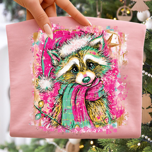 Preppy Pink Christmas Raccoon DTF Heat Transfer