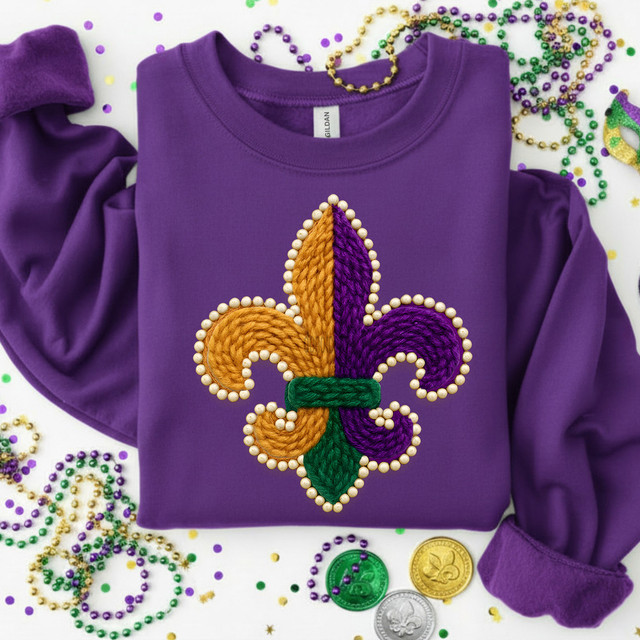 Faux Yarn Fleur-de-Lis DTF Heat Transfer, embroidered purple and gold fleur-de-lis design on a purple sweatshirt.