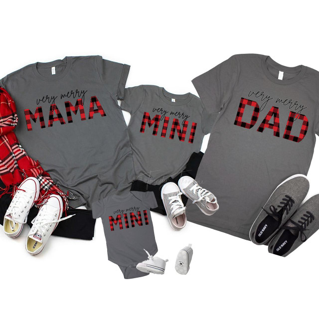Very Merry Dad ADULT Screen Print Transfer, matching family T-shirts for Christmas with red and black plaid design for papa, mini, and dad.