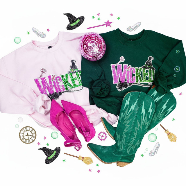 Wicked Sequins Patch, colorful sparkly witch-themed clothing and accessories including pink sweatshirt, green sweatshirt, pink shoes, green boots, and various magic-themed decorations.