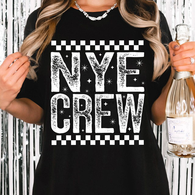 Distressed NYE Crew WHITE DTF Heat Transfer, a white distressed text design on a black t-shirt celebrating New Year's Eve with decorative stars and checkered borders.