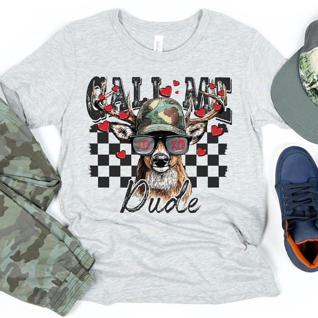 Call Me Dude Valentine Buck DTF Heat Transfer T-shirt featuring a graphic of a deer wearing sunglasses and a camouflage hat, with hearts and a checkered background.