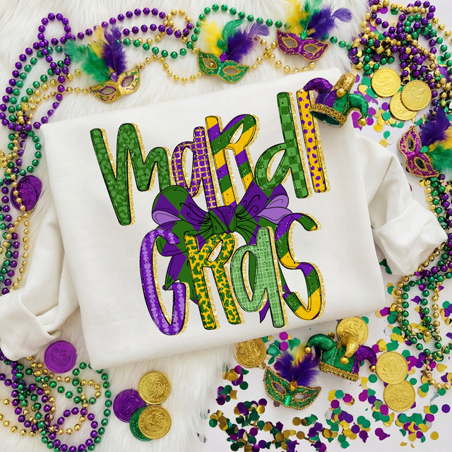 Patterned Mardi Gras Bow DTF Heat Transfer, colorful festive Mardi Gras themed design on white fabric, surrounded by beads, masks, and coins.