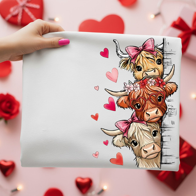 Valentine Cows DTF Heat Transfer, colorful cartoon cows with hearts and floral accessories on white fabric.