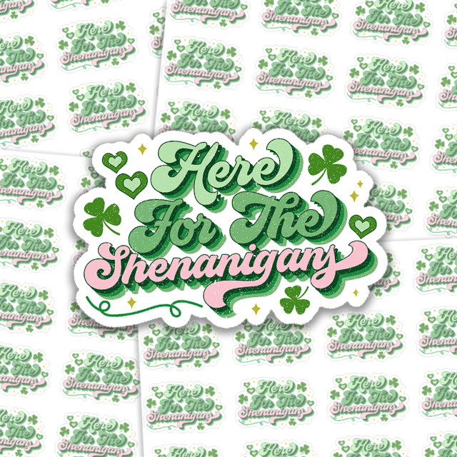 Her For The Shenanigans Sticker Sheet, St. Patrick's Day themed sticker featuring green and pink lettering with shamrocks and hearts design.