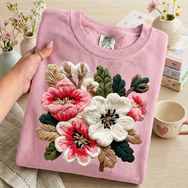 Faux Yarn Spring Flowers DTF Heat Transfer, pink t-shirt with embroidered floral design featuring white and pink flowers with green leaves.