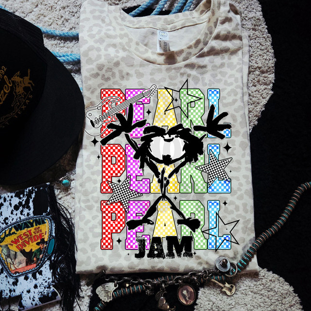 Checkered PJ Band Tee DTF Heat Transfer, a colorful graphic T-shirt with a heart and star design and vibrant checkered lettering in red, purple, yellow, green, and blue.