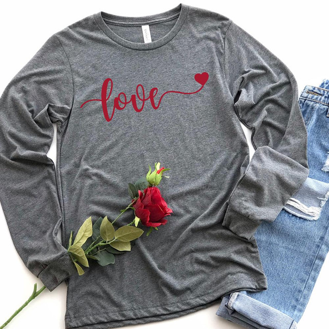 Love ADULT Screen Print Heat Transfer, gray long sleeve shirt with red love text and heart design, paired with blue jeans.
