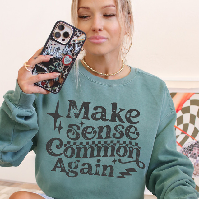 Make Sense Common Again DTF Heat Transfer, a woman holding a smartphone wearing a teal sweatshirt with the phrase 'Make Sense Common Again' printed on it.