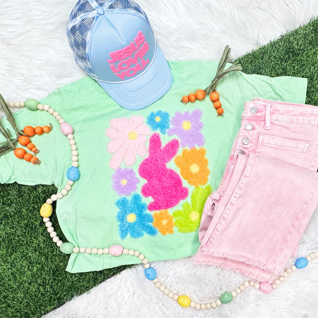 Fluffy bunny and flower chenille patch heat pressed onto a shirt for Easter apparel