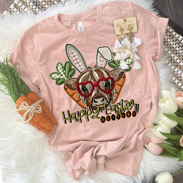 Faux Embroidery Happy Easter Heifers DTF Heat Transfer