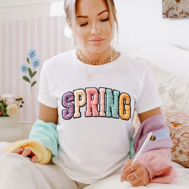Faux Chenille Spring DTF Heat Transfer, colorful pastel text embroidery on white t-shirt.