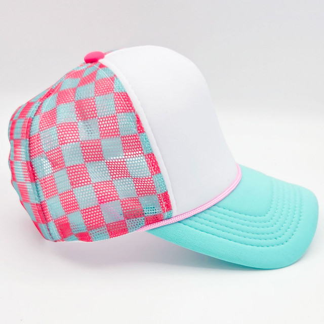 Neon Pink, Aqua & White Checkered Foam Trucker Hat, colorful fashion accessory with checkered pattern and curved brim.