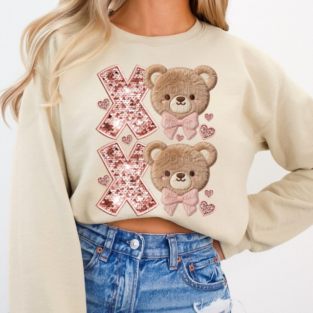 Faux Sequin & Fluffy XOXO Bear DTF Heat Transfer