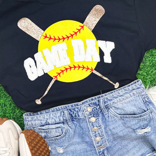 Game Day Softball Chenille Fluffy Patch, colorful embroidered softball patch with chenille texture and glittery gold stripes on a black T-shirt.