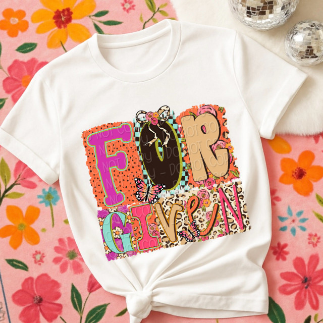 Patterned Forgiven DTF Heat Transfer, colorful and stylish design on a white t-shirt with floral and animal print patterns.