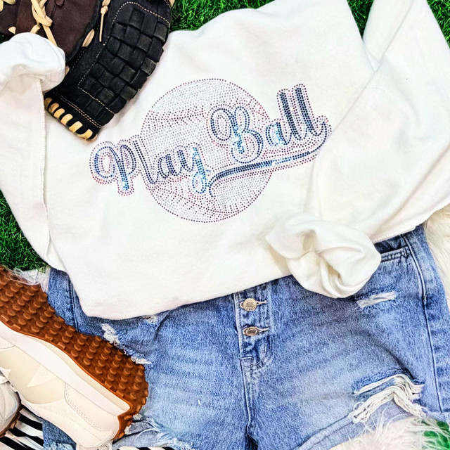 Play Ball rhinestone and spangle baseball heat transfer design