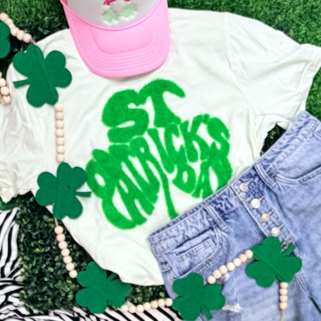 St. Patrick’s Day Fluffy Shamrock Patch, green fluffy shamrock patch in the shape of a four-leaf clover.