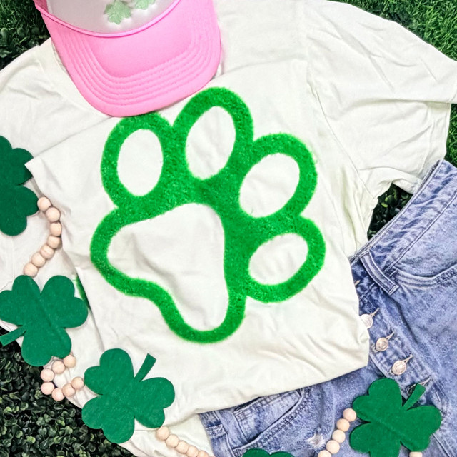Green St Patricks Day fluffy chenille paw patch iron on applique for boutique shirts and spirit wear apparel