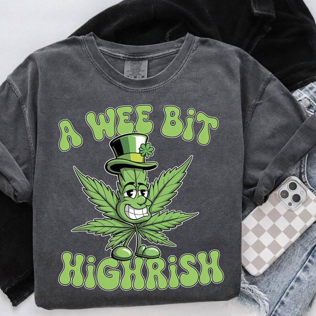 A Wee Bit Highrish DTF Heat Transfer, humorous sweatshirt featuring a cartoon character with a cannabis leaf and St. Patrick's hat, with the text "A Wee Bit Highrish."