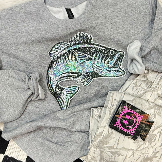 Large iridescent sequins fish patch iron on applique for boutique fishing sweatshirts and lake life apparel