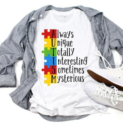 Autism Awareness Always Unique Sublimation Transfer T-shirt with colorful puzzle piece design and text.