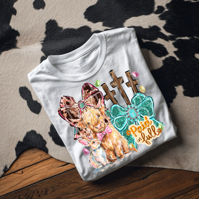 Paid In Full DTF heat transfer for western Easter Christian shirt with crosses and watercolor animal design