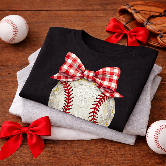 Faux Painted Baseball Gingham Bow DTF Heat Transfer