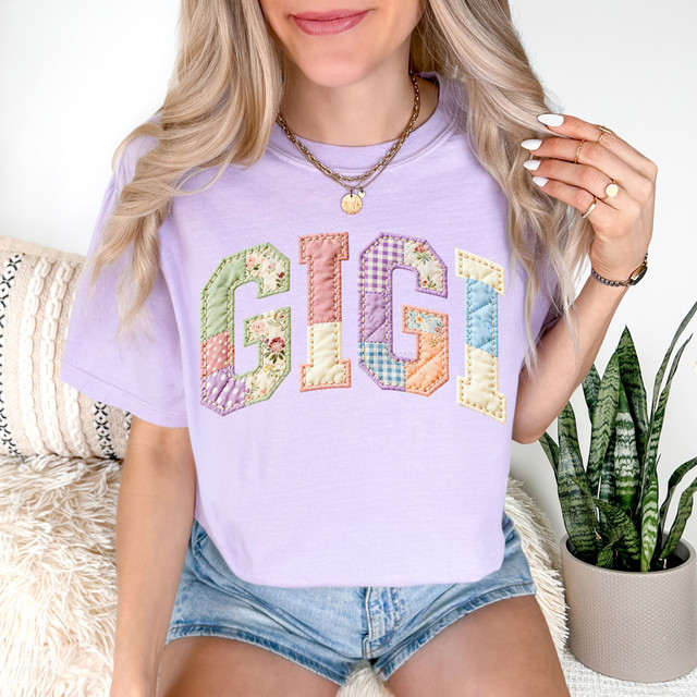 Faux Fabric Patchwork Gigi DTF Heat Transfer, colorful quilted patchwork letter GIGI on a lavender T-shirt.