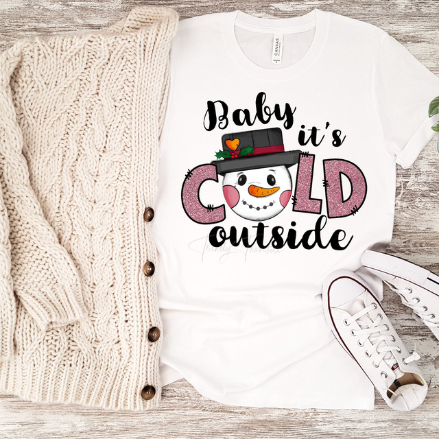 Baby It's Cold Outside Snowman Pink Glitter effect Sublimation Transfer