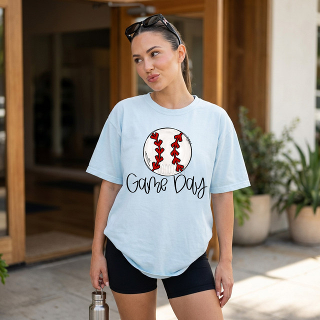 Baseball Game Day DTF Heat Transfer, design featuring a baseball with red stitches and the text 'Game Day' for custom sports apparel.