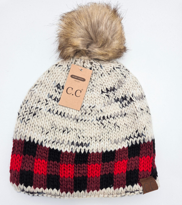 C.C. Buffalo Plaid Beanie, knit winter hat with faux fur pom-pom and colorful buffalo plaid pattern in red, black, beige, and brown.