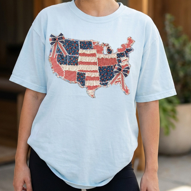 Faux Fabric Patriotic Patchwork USA Map DTF Heat Transfer