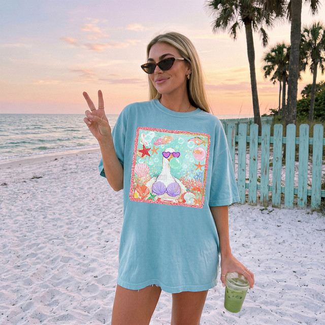 Summer Beach Goose DTF Heat Transfer, colorful beach-themed design featuring a goose wearing sunglasses with sea shells and starfish