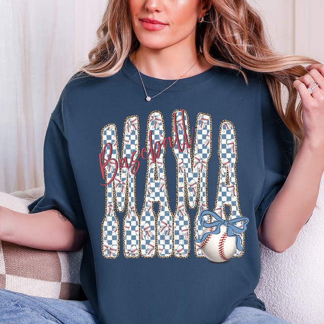 Retro Baseball Mama DTF Heat Transfer, graphic t-shirt featuring a baseball-themed design with the word 'Baseball' and a baseball with a bow as part of the design.