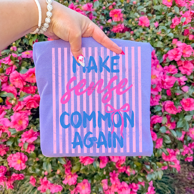 Make Sense Common Again Stripes DTF Heat Transfer, blue fabric with pink and blue striped design and text.