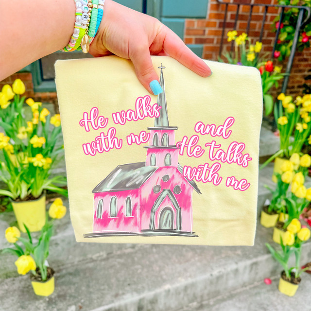 He Walks With Me DTF Heat Transfer, unfinished fabric with church illustration and pink text quote.