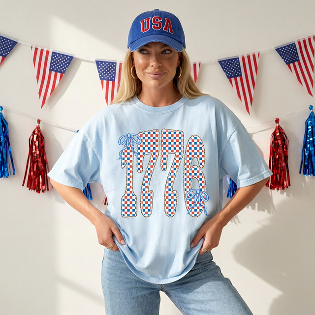 Checkered 1776 Bow DTF Heat Transfer, product featuring a patriotic red, white, and blue checkered pattern with bow accents.