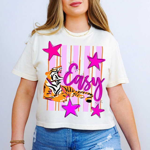 Easy Tiger Stripes DTF Heat Transfer, colorful design with a tiger, unicorn, and pink stars on a white t-shirt.