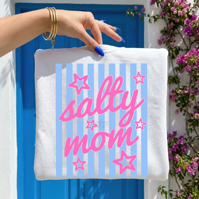 Salty Mom Stripes DTF Heat Transfer, pink and white text with star designs on a white fabric background.